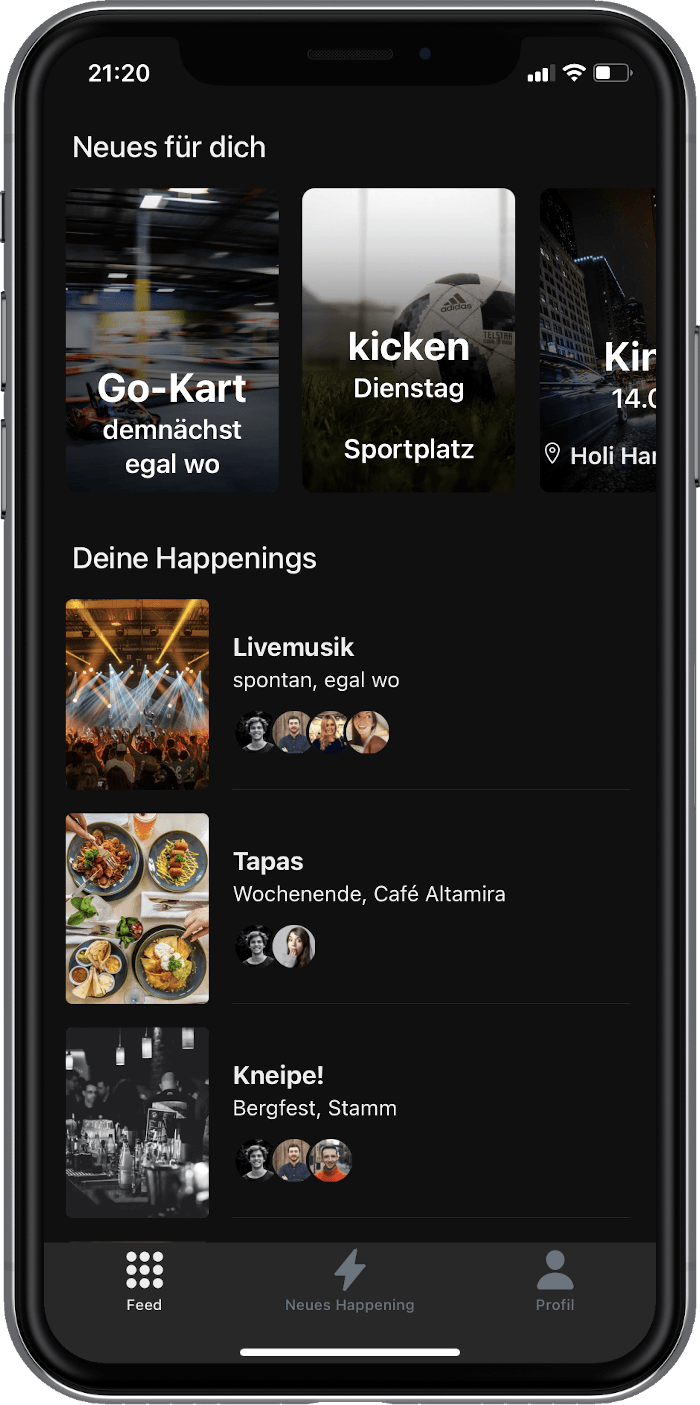 Im Feed siehst du alle aktuellen und vergangenen Happenings